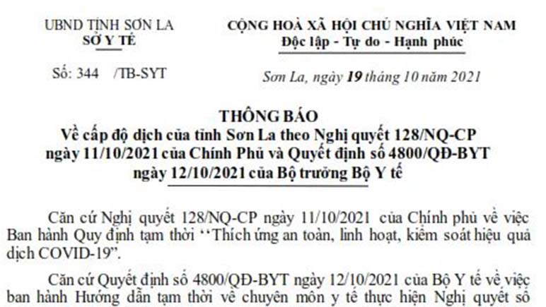 Cấp độ dịch của tỉnh Sơn La theo Nghị quyết 128/NQ-CP